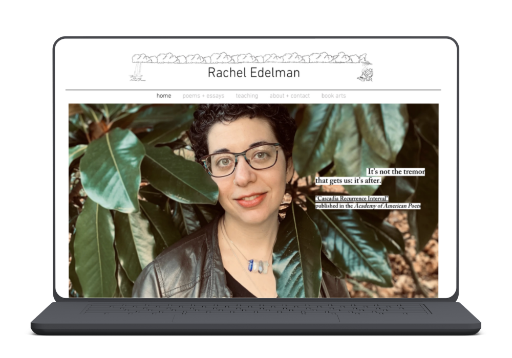 Laptop mockup of a writer's website with picture of woman in middle of plants with text on top that reads Rachel Edelman