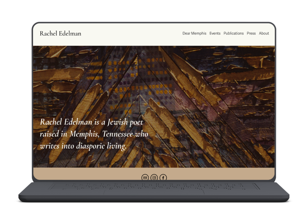 Laptop mockup with homepage of Rachels' site with a textured wood background with Rachel Edelman's name at top